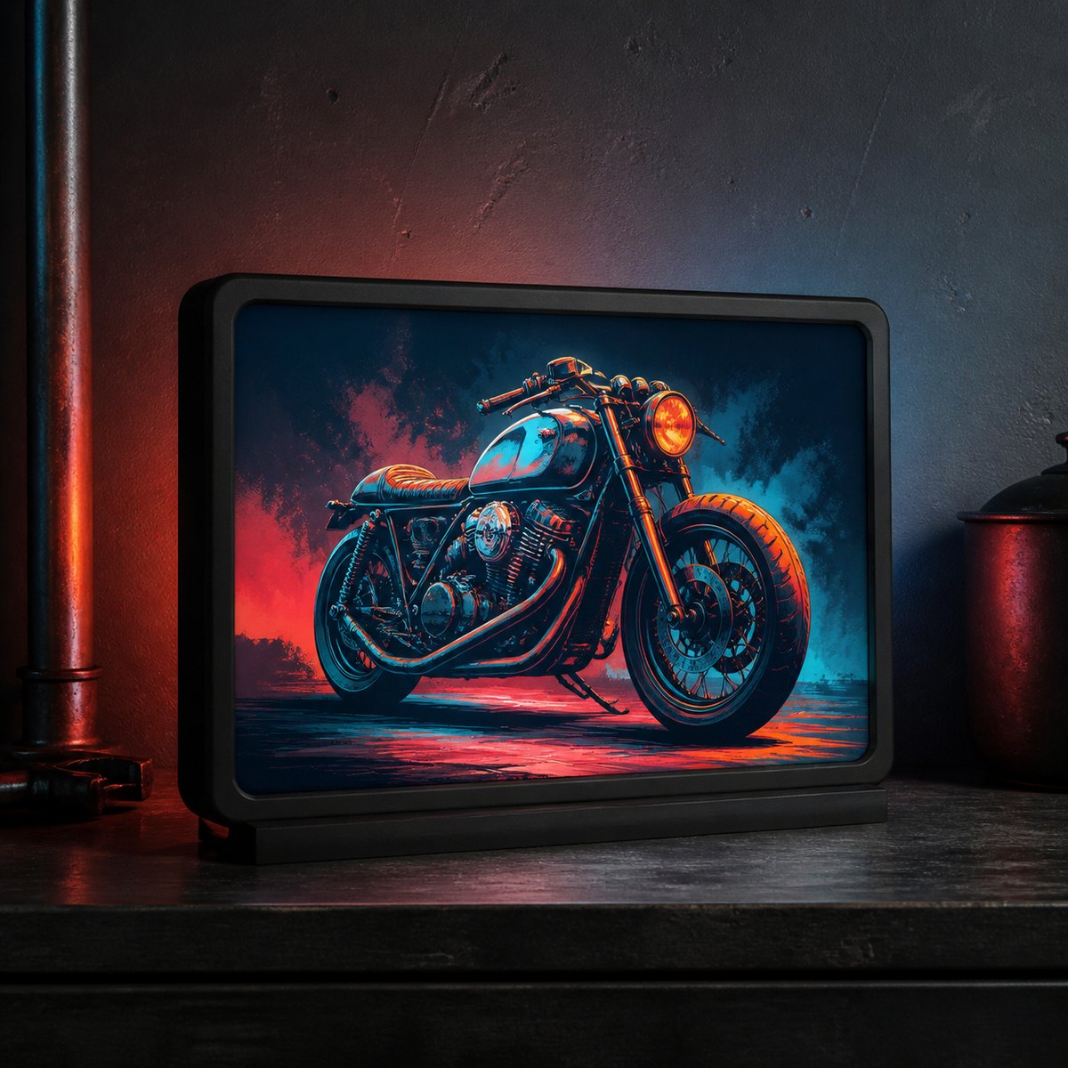 Cadre LED Netflix paysage 25 × 18 cm avec une illustration de moto dans un atelier sombre
