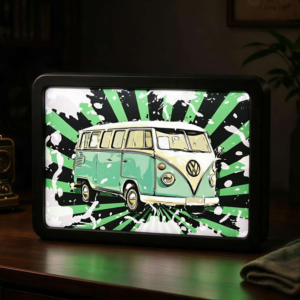 Cadre LED grand format avec une illustration de van vert, posé sur une table dans une ambiance sombre.
