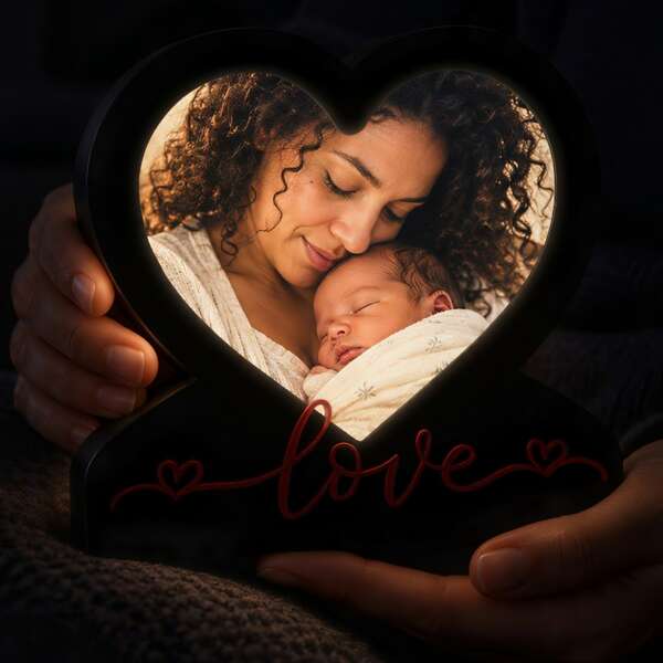 Cadre LED Love lumineux en forme de cœur, tenu entre les mains, avec une photo de famille.