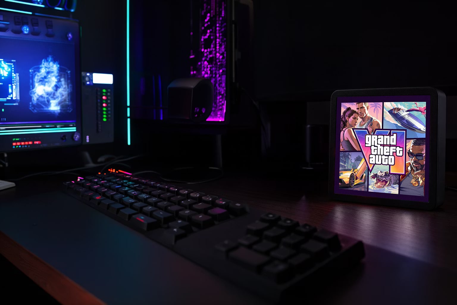 Cadre LED personnalisé allumé sur un bureau dans une ambiance gaming